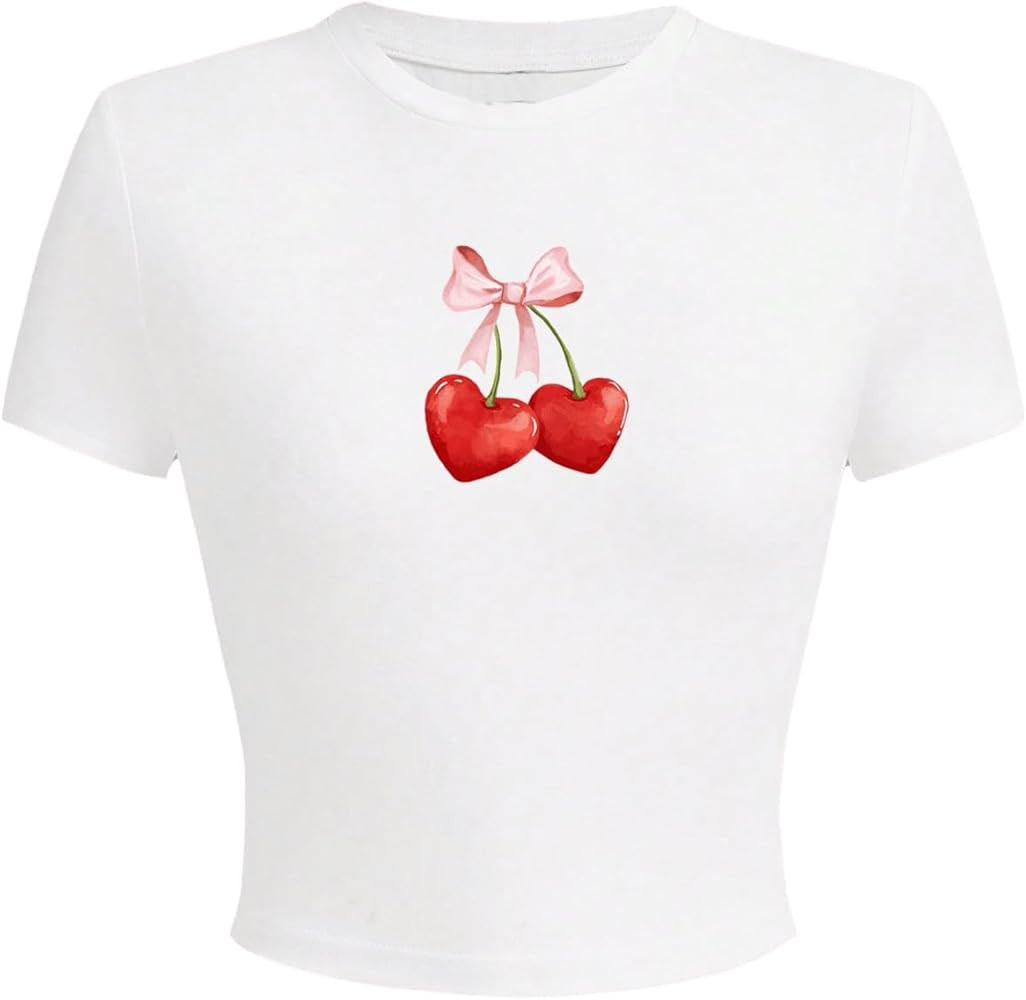 MakeMeChic Women's Graphic Print Tee Round Neck Short Sleeve Slim Fitted Crop Y2K T Shirt Top | Amazon (US)