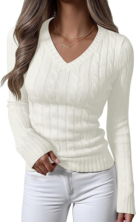 ANRABESS Womens Long Sleeve Cable Knit Sweater 2025 Fall Fashion V Neck Fitted Pullover Top Busin... | Amazon (US)
