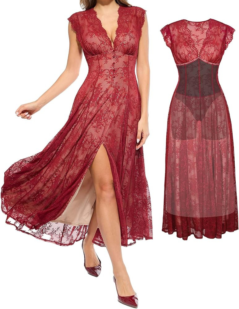 Popilush Evening Dresses Lace Formal Mother of Bride Maxi Dresses for Women V Neck Shapewear Wedd... | Amazon (US)