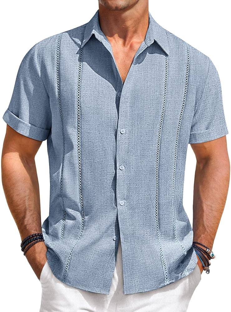Runcati Mens Guayabera Shirts Short Sleeve Casual Cuban Linen Shirt Button Down Beach Summer Mexi... | Amazon (US)