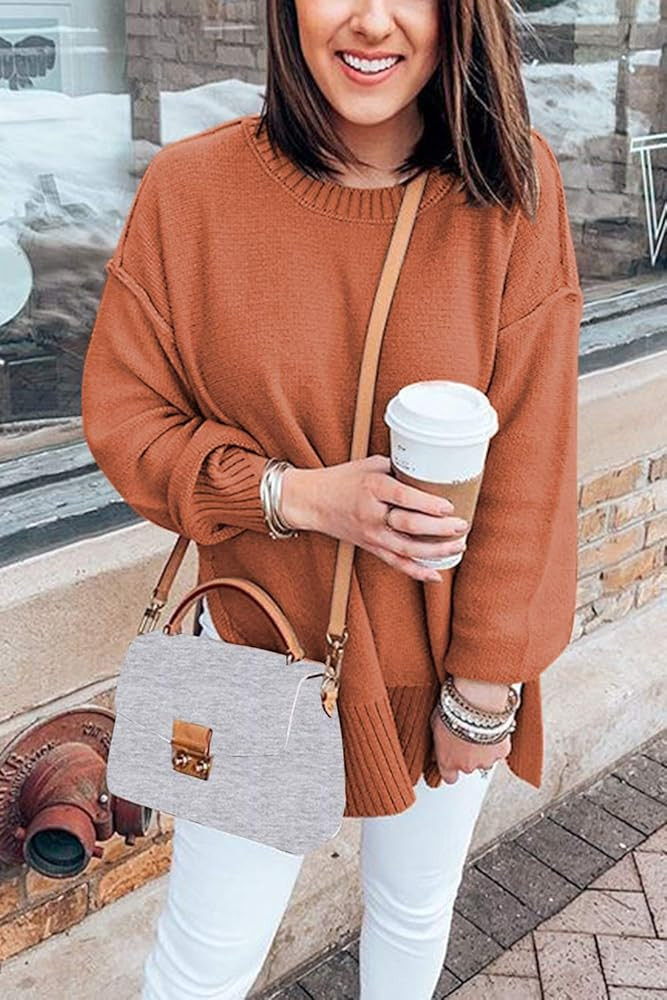 MEROKEETY Women's Casual Crew Neck Side Split Pullover Sweater Loose Long Sleeve Jumper Top | Amazon (US)