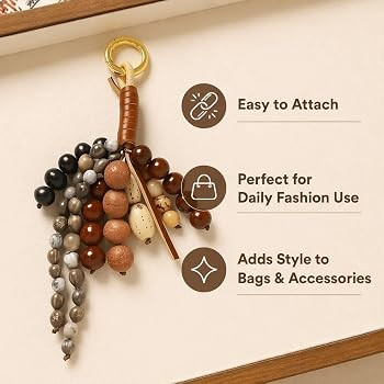 Natural Bodhi Seed Beaded Keyring Bag Charm Boho Acrylic Bead Bag Charm for Women Tote Purse Acce... | Amazon (UK)