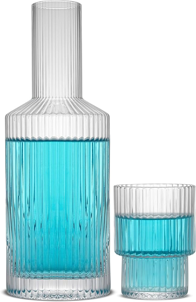 JoyJolt Bedside Water Carafe and Glass Set. Elle Fluted Glass Carafe and Ribbed Glassware. Vintag... | Amazon (US)