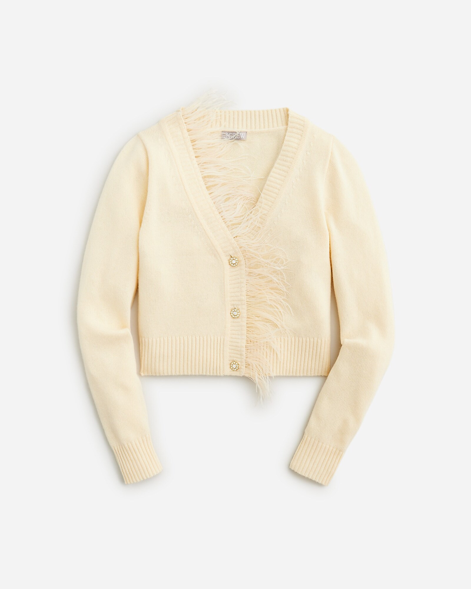 Feather-trim cropped cardigan sweater with jewel buttons | J. Crew US
