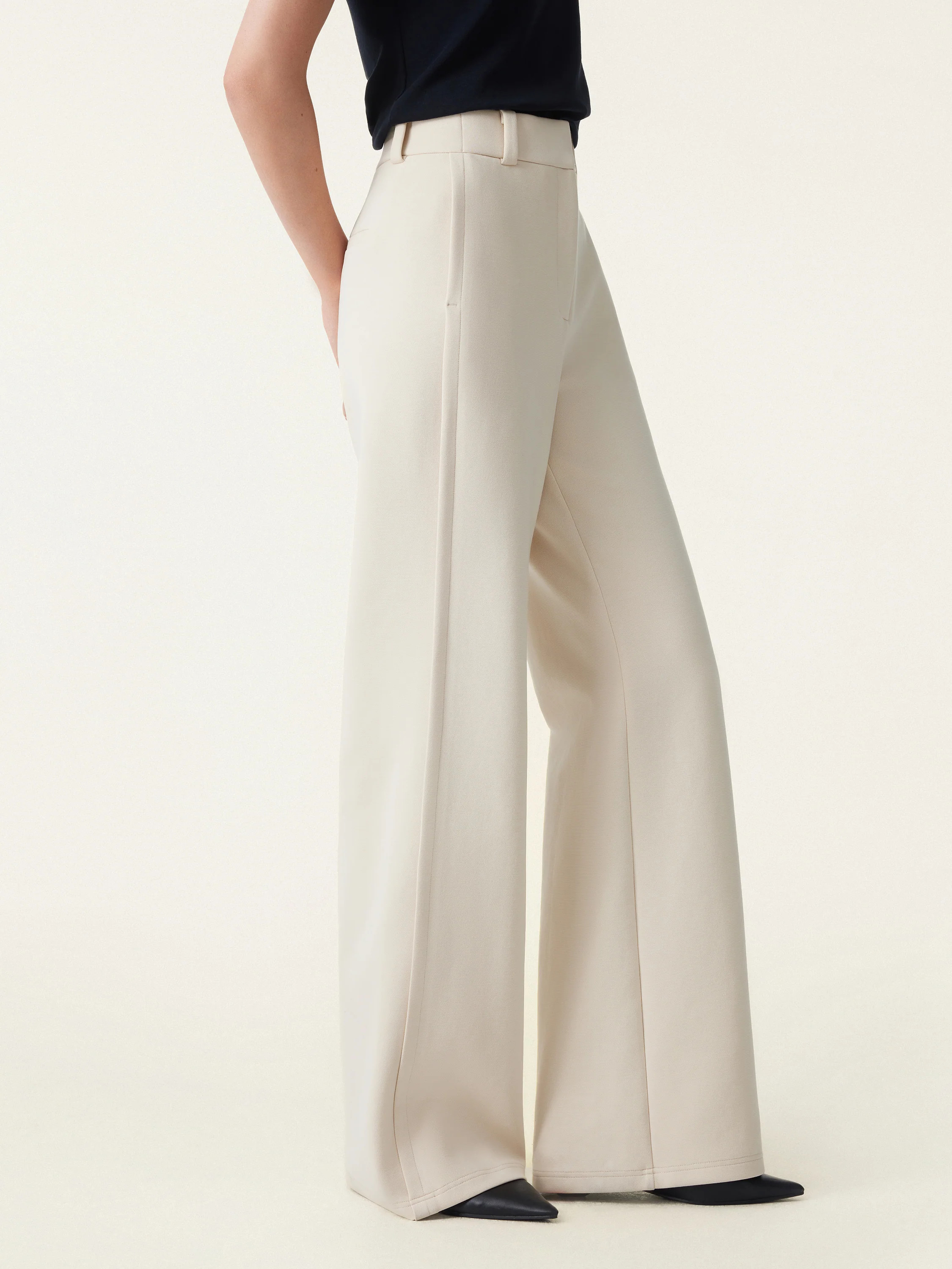 Stretchy Mid Rise Fly-Front Wide Leg Trousers | OGLmove