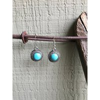 Silver Tone/Costume Jewelry Faux Turquoise Dangle Earrings Circles Domed Xs & O Textured Open Work French Wire Hooks | Etsy (US)