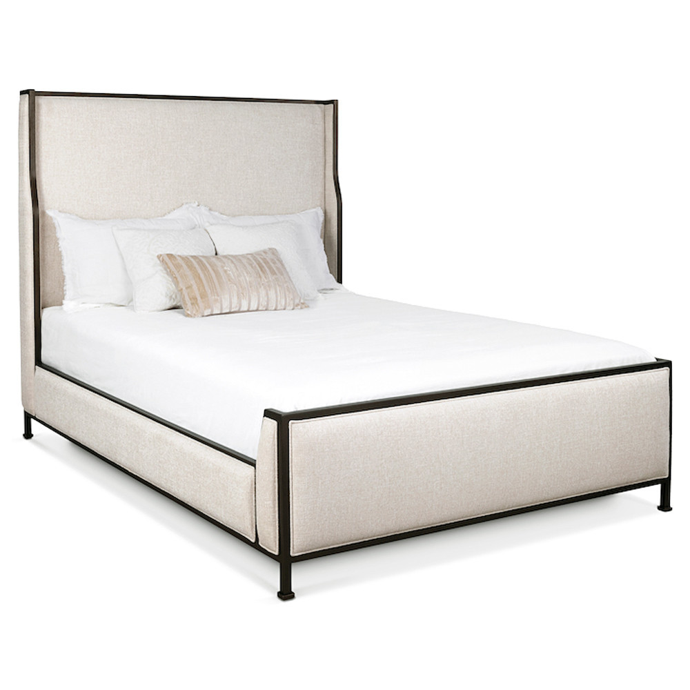 Linnea Modern Lyric Ivory Upholstered Matte Black Iron Wingback Bed - King | Kathy Kuo Home
