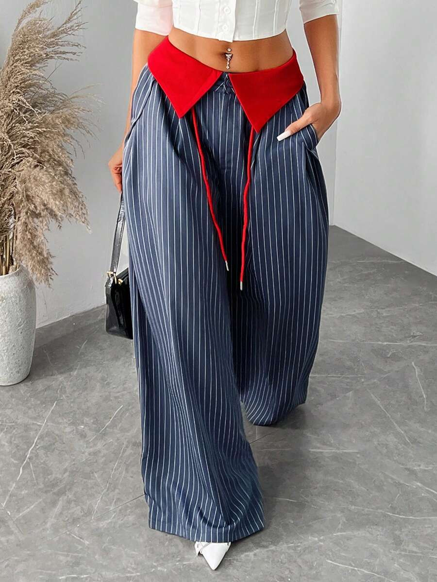 SHEIN SXY Plus Size Women's Sexy & Elegant Tie Waist Striped Patchwork Pants, Suitable For Everyd... | SHEIN