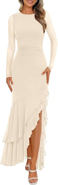 BTFBM Women's Maxi Dresses Fall 2026 Long Sleeve Ruched Bodycon Solid Ruffle Mermaid Cocktail Wed... | Amazon (US)