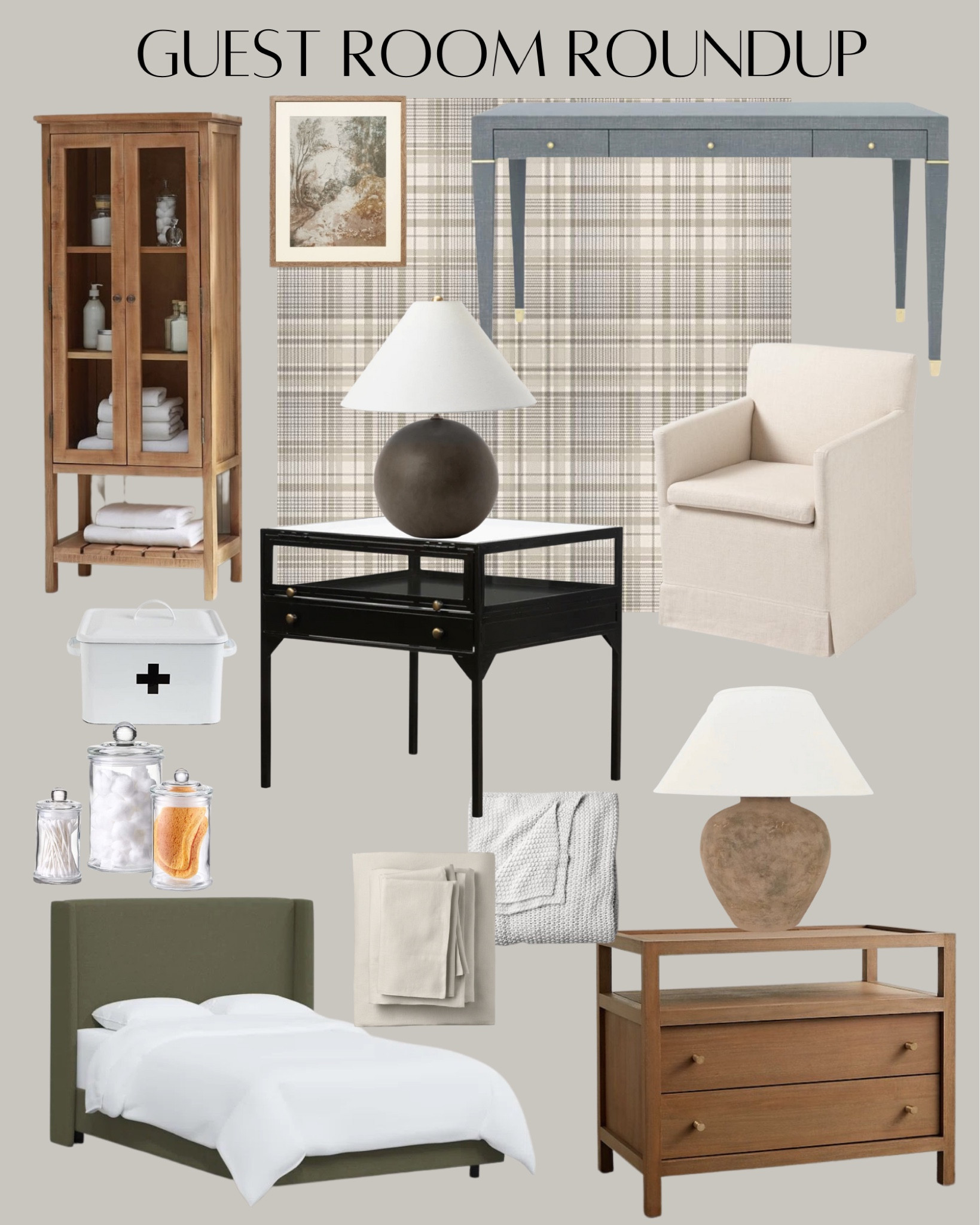 Wood linen closet, check plaid wallpaper, linen wrapped desk, upholstered dining chair, table lamp, nightstand, low profile upholstered bed enameled first aid box, framed art, glass apothecary jar, linen sheet set, chunky throw blanket

#LTKhome #LTKFind #LTKstyletip