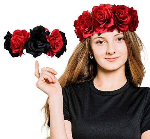 3omething New Rose Flower Crown Headband Costume - Day of The Dead Mexican Halloween Wedding Festival Headpiece 2PCS | Amazon (US)