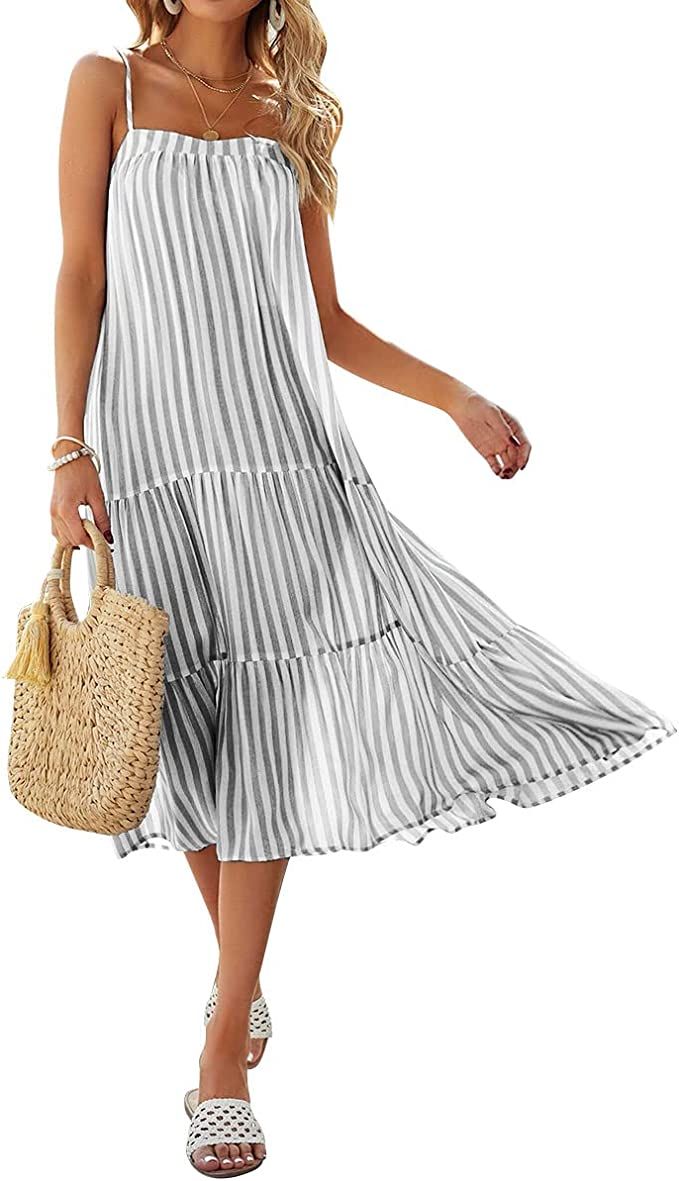 Lueluoye Women's Sleeveless Striped Dress Summer Spaghetti Strap Adjustable Loose Cami Beach Boho... | Amazon (US)