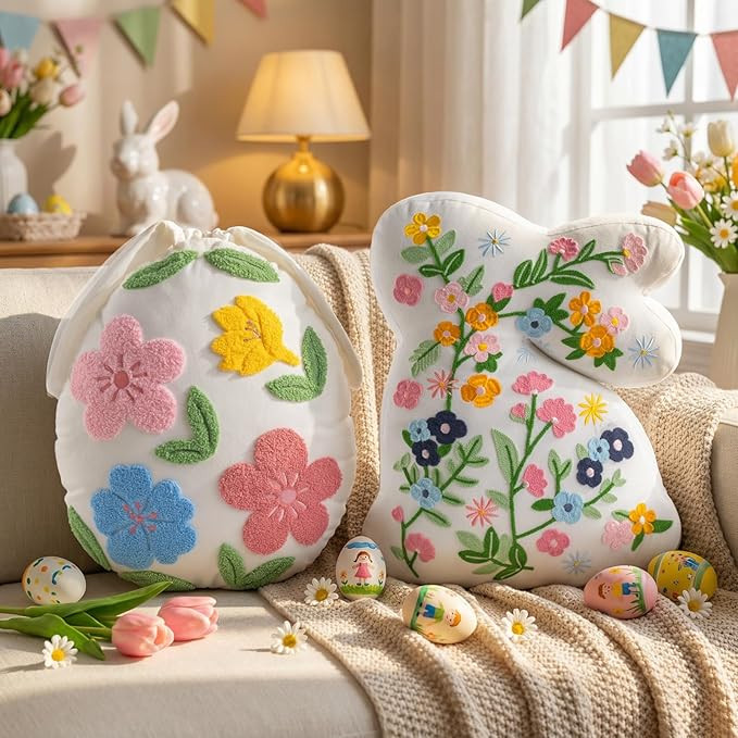 Lanpn Easter Bunny Egg Shaped Throw Pillows Set of 2, Floral Embroidered Rabbit Decorative Cushio... | Amazon (US)