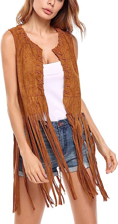 Women Fringe Vest Faux Suede Tassels 70s Hippie Clothes Open-Front Sleeveless Vest Cardigan Femal... | Amazon (US)
