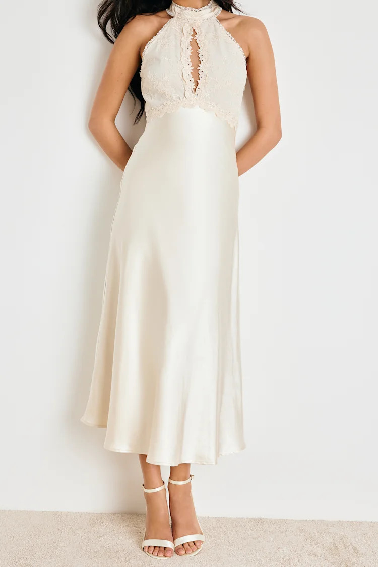 Jelani Ivory Satin Embroidered Midi Dress | Lulus