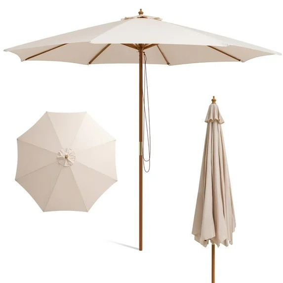 Costway 10FT Patio Wooden Market Table Umbrella Pulley w/8 Bamboo Ribs Sunshade Canopy Beige | Walmart (US)