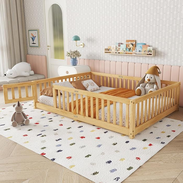 Full Size Montessori Floor Bed with Slats, Door and Guardrails, Natural | Amazon (US)