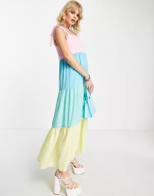 Twisted Wunder tiered color block midi dress with tie sleeves | ASOS (Global)