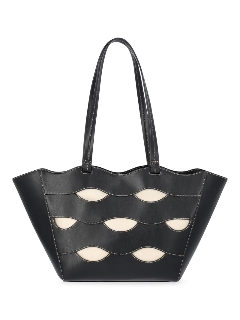 Free Assembly Women's Allegra Faux Leather Cut Out Tote Handbag, Black/Cream | Walmart (US)