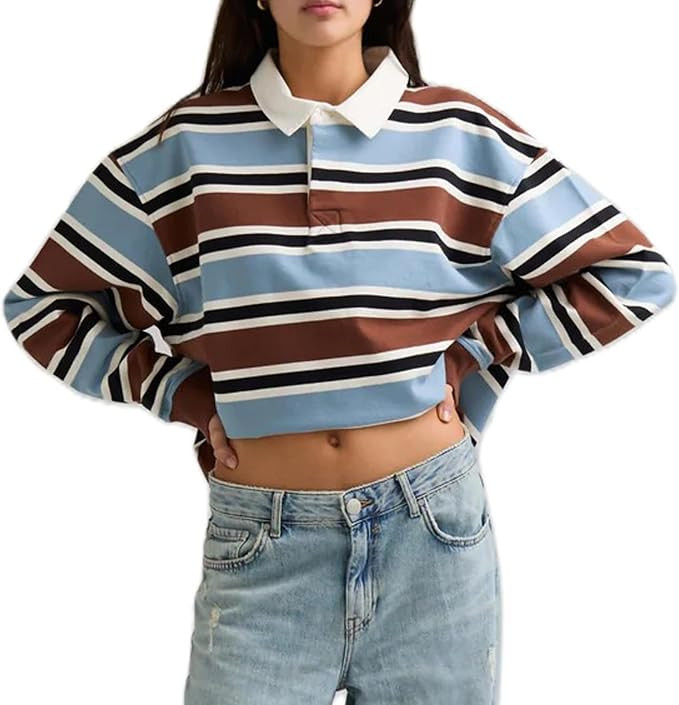 Womens Striped Polo Long Sleeve Shirts Color Block Lapel V Neck Workout Tops Fall Loose Rugby Tsh... | Amazon (US)
