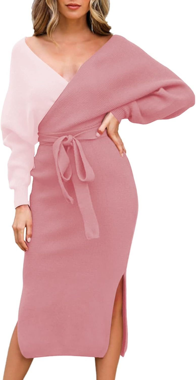 Viottiset Women's V Neck Long Batwing Sleeve Wrap Midi Knit Sweater Dress Elegant Backless with Belt | Amazon (US)
