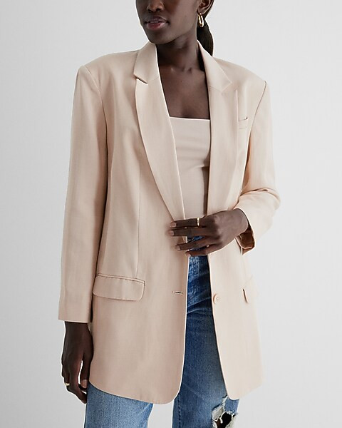 Linen-Blend Oversized Boyfriend Blazer | Express