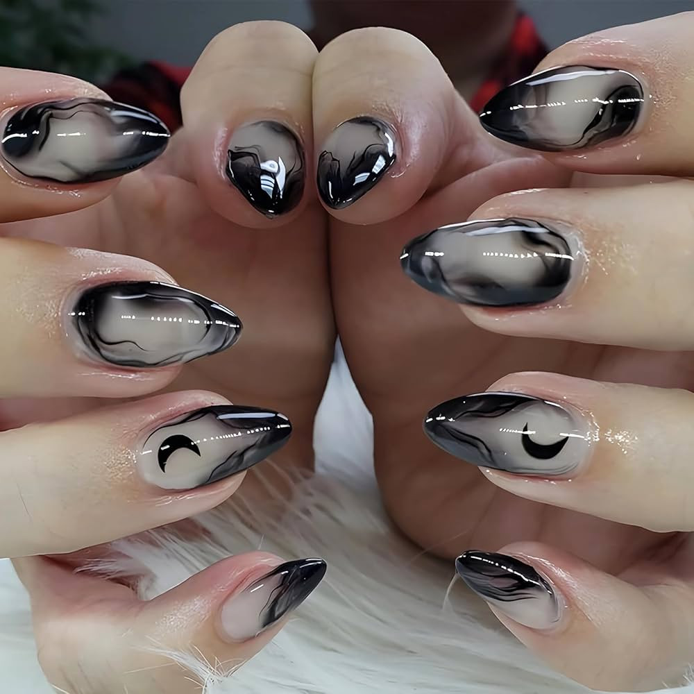MISUD Press on Nails - Medium Almond Glue on Nails with Goth Black, Acrylic Gothic Moon Design 24... | Amazon (US)