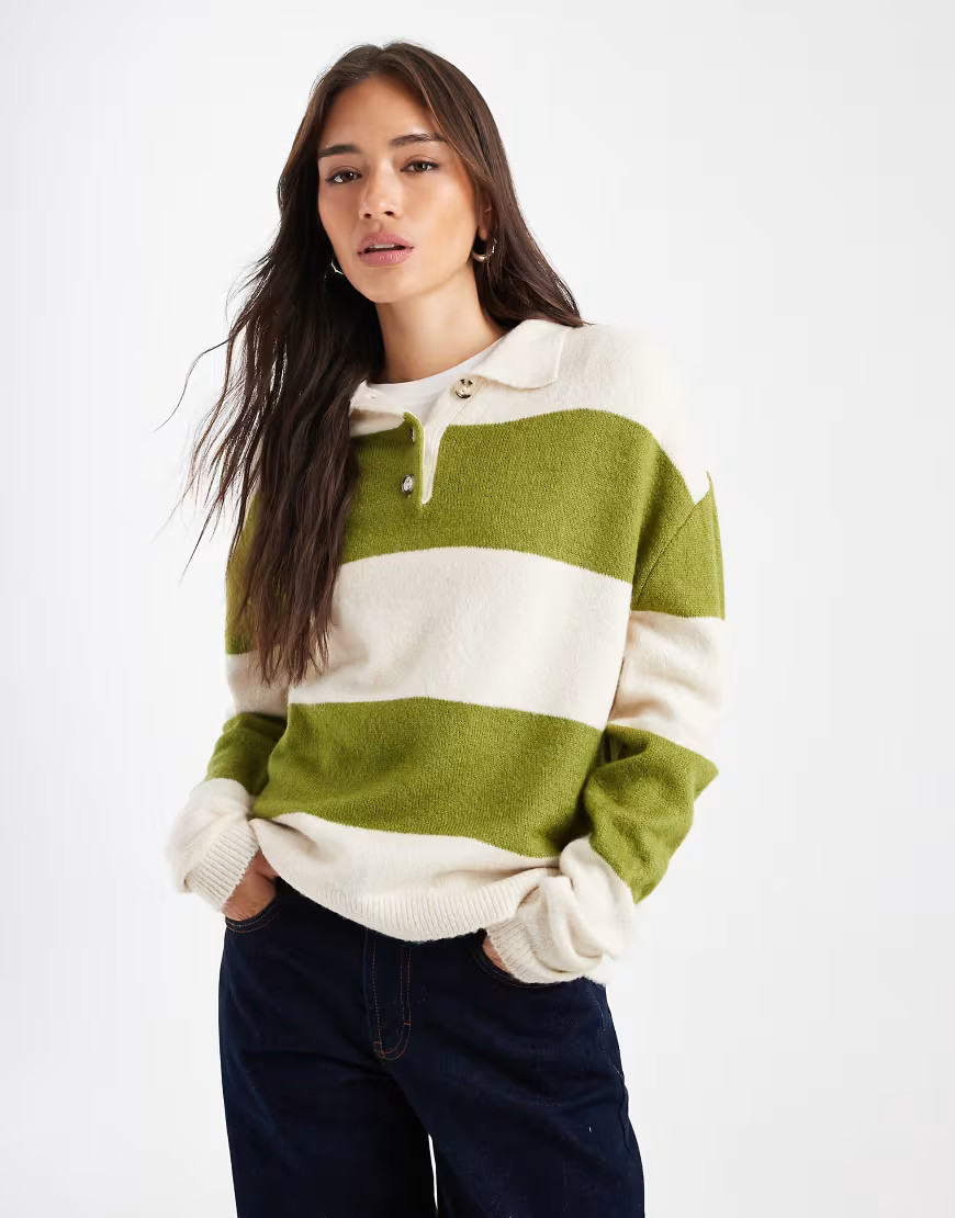 ASOS DESIGN knit rugby top in olive stripe-Gray | ASOS (Global)