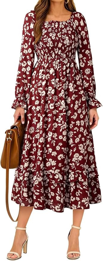 Dokotoo Boho Dresses for Women 2025 Casual Floral Square Neck Long Sleeve Smocked Elastic Waist T... | Amazon (US)