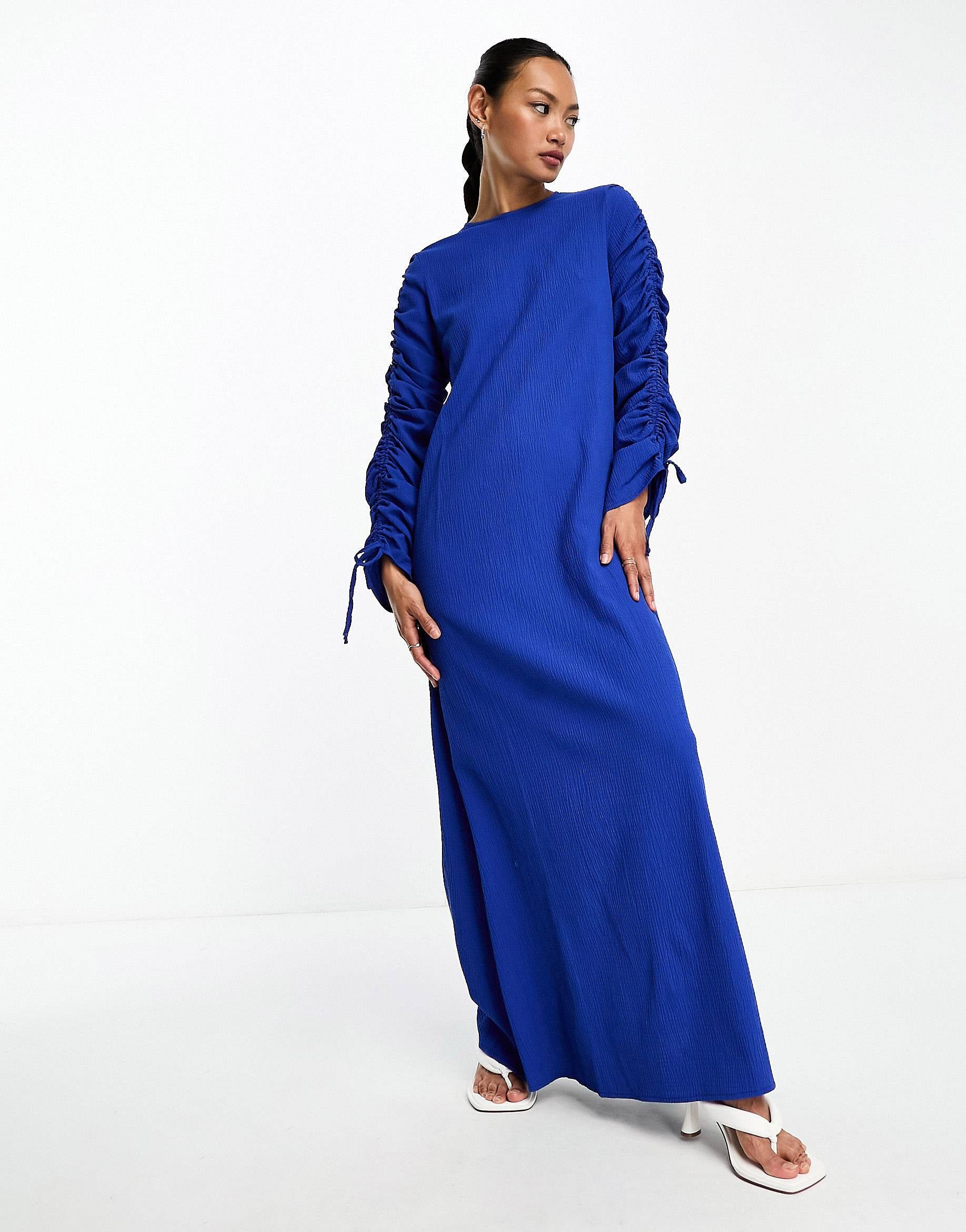 ASOS DESIGN ruched sleeve detail crinkle maxi dress in cobalt blue | ASOS (Global)