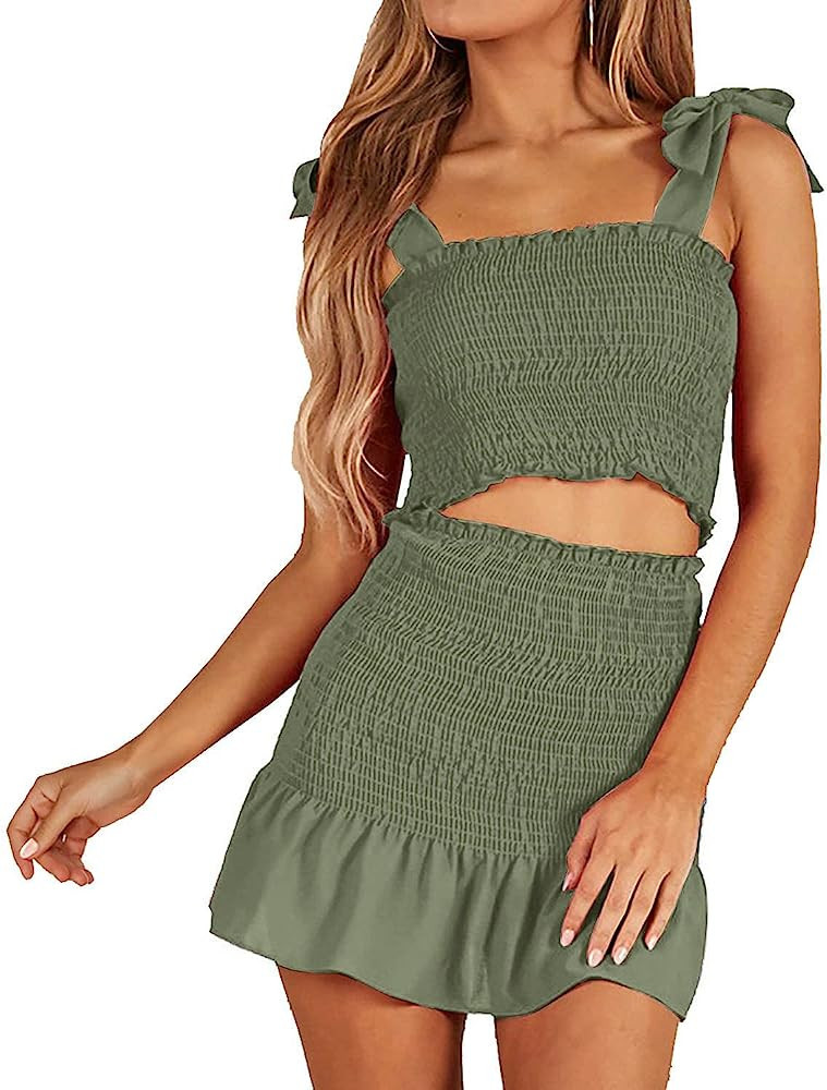 Women's Bohemian Bow Tie Tube Crop Top with High Waist Bodycon Skirt Two Piece Outfit Dress Suit ... | Amazon (US)