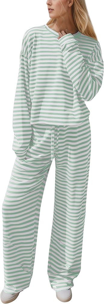 MISSACTIVER Women's Striped 2 Piece Lounge Set Casual Long Sleeve T-Shirt Drawstring Wide Leg Pan... | Amazon (US)