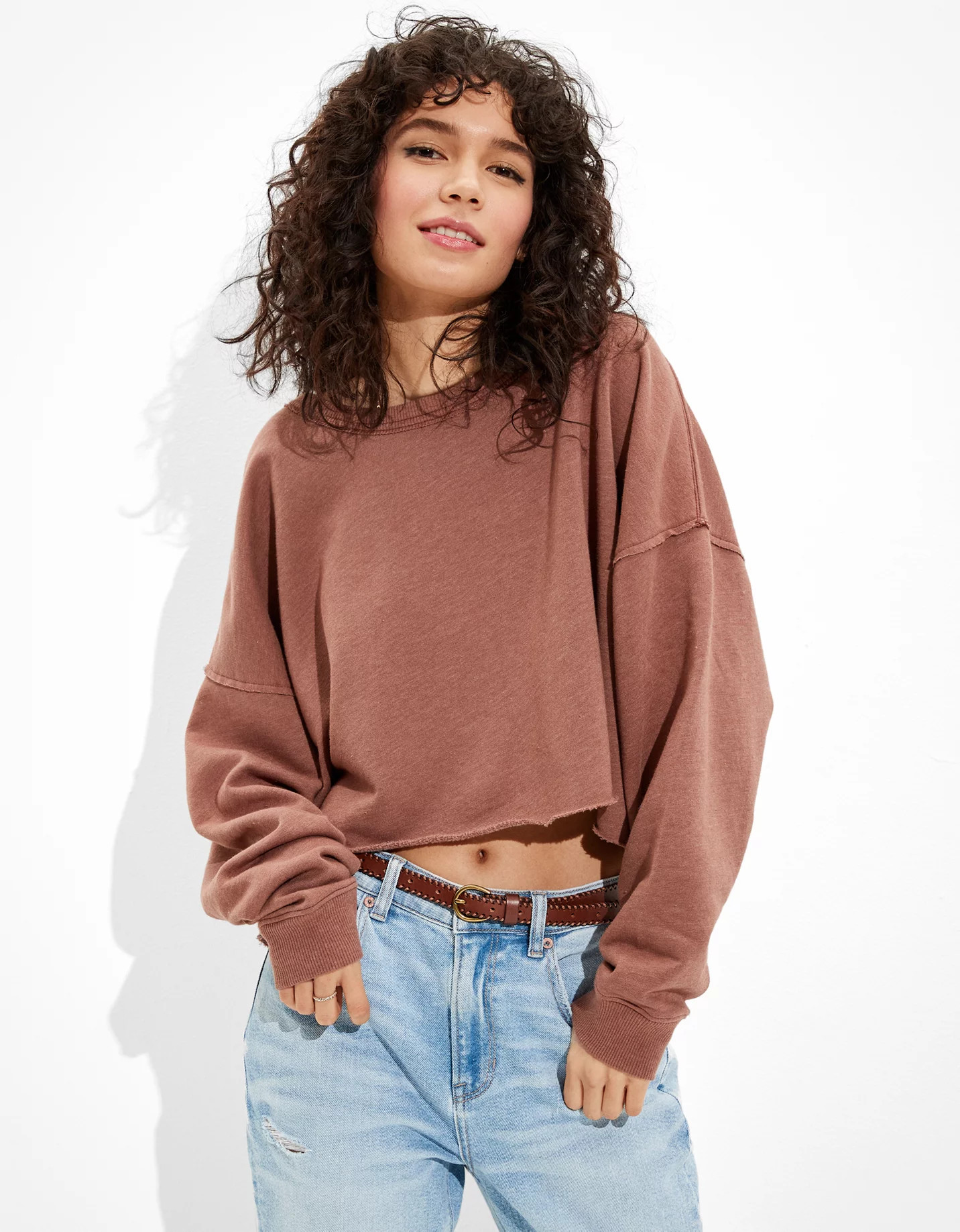 AE Fleece Cropped Crew Neck Sweatshirt | American Eagle Outfitters (US & CA)