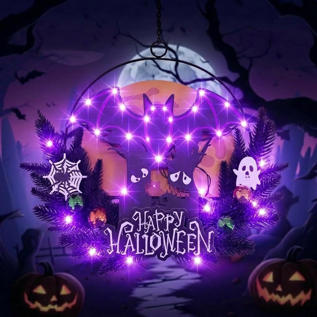 Pre-Lit Halloween Wreath for Front Door, Lighted Witch with 6H On/18H Off | Amazon (US)