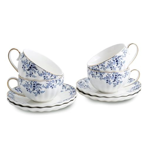 Agyiuns ceramic tea cups and saucers 6oz,floral tea cups for Coffee, Latte, Cafe Mocha and Tea (Little Blue Flowers) | Amazon (US)