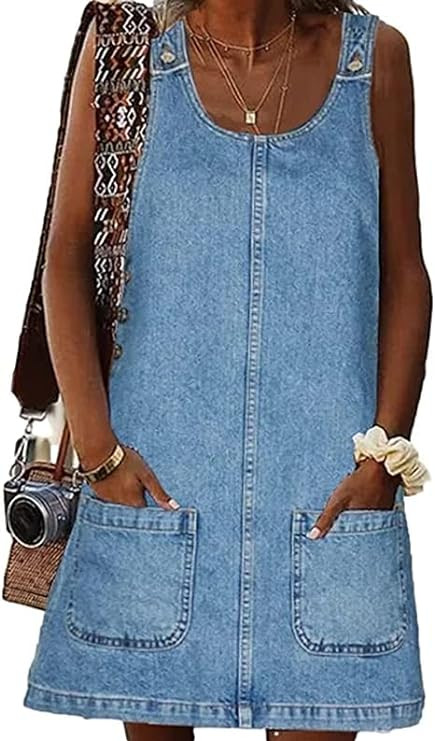 BZB Women's Sleeveless Casual Denim Dress Crewneck Vintage Loose Jean Overall Dress with Pockets | Amazon (US)