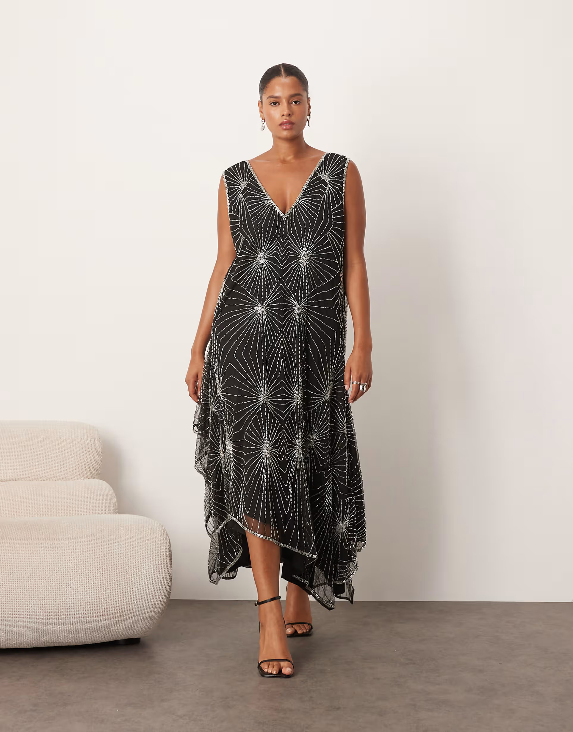 ARRANGE Curve deco linear embellished asymmetric midi dress in black | ASOS (Global)