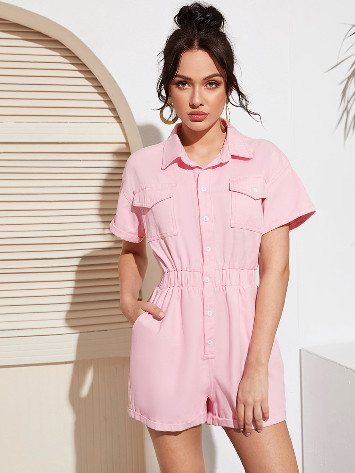 Button Front Rolled Up Sleeve Utility Denim Romper | SHEIN