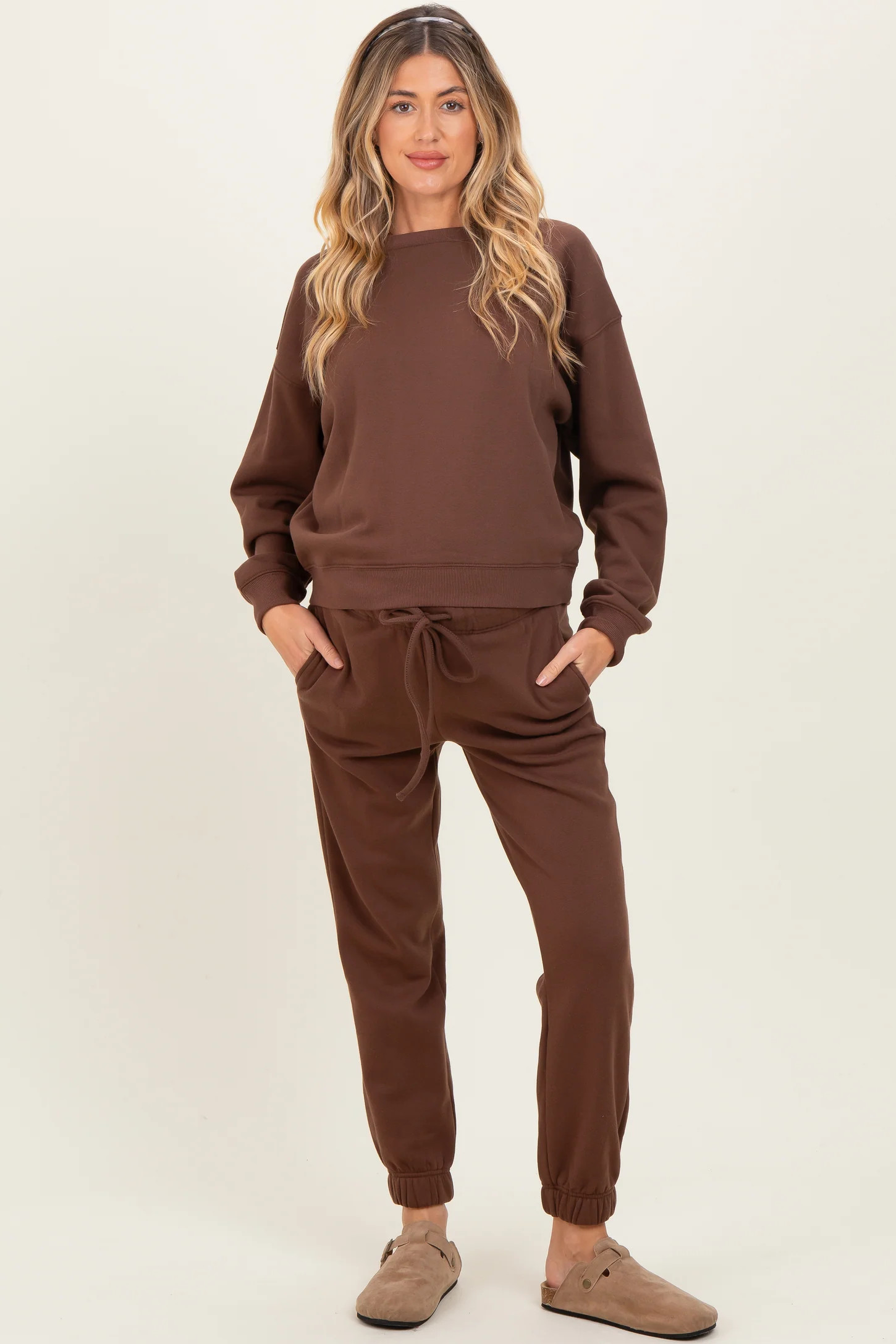 Light Mocha Fleece Long Sleeve Maternity Pullover & Jogger Set | PinkBlush Maternity