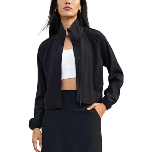 altiland Women's Athletic Running Yoga Track Zip Up Cropped Jackets UPF 50+ Sun Protection Long Sleeve Workout Cooling Shirts (Black,S) | Amazon (US)