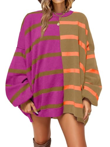 Fisoew Womens Striped Pullover Sweater Crew Neck Long Sleeve Knitted Color Block Casual Loose Lightweight Sweaters for Women Orange | Amazon (US)