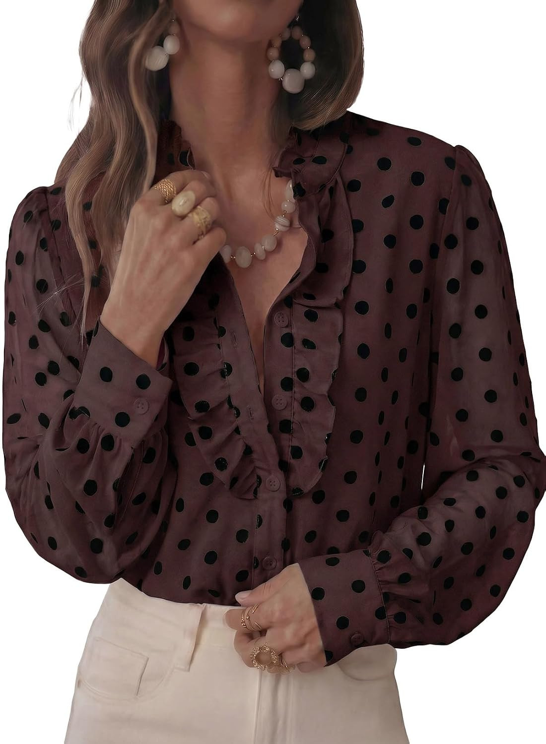 Astylish Women's Polka Dot Blouse Mesh Sleeve Button Up Shirt | Amazon (US)