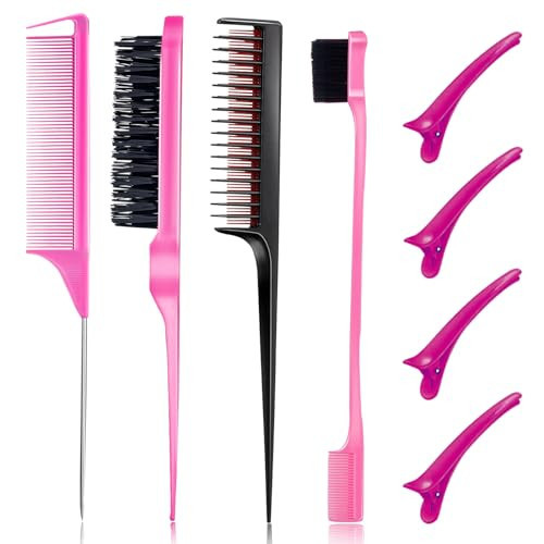 8 Pieces Styling Comb Set - Teasing Brush, Rat Tail Comb, Edge Brush for Slicking and Combing Hair for Women (Pink) | Amazon (US)