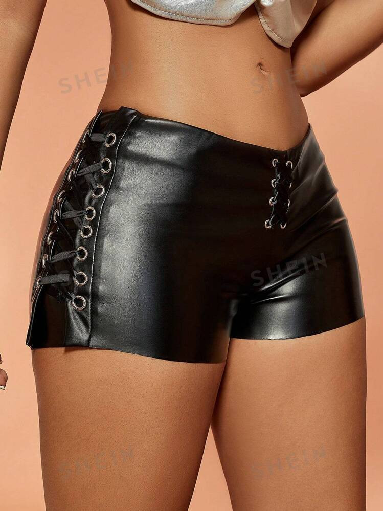 Apperloth A Rave Punk High Waist Lace Up Grommet Eyelet PU Leather Skinny Mini Club Short | SHEIN