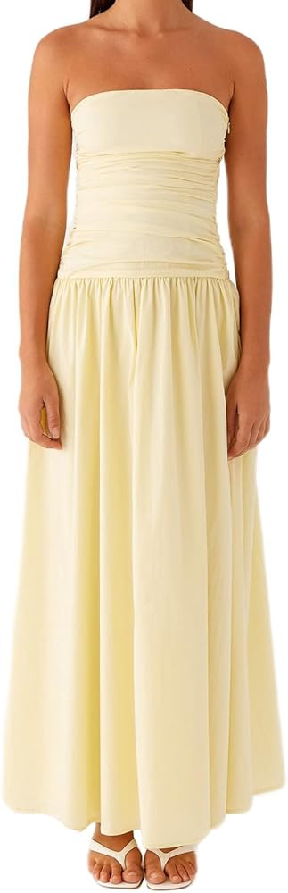 Muineobuka Women Gingham Maxi Dress Summer Strapless Drop Waist Tube Top Off Shoulder Backless We... | Amazon (US)