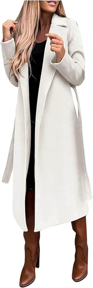 Women's Faux Wool Coat Blouse Thin Coats Trench Long Jacket Ladies Slim Long Belt Womens Ring Master | Amazon (US)