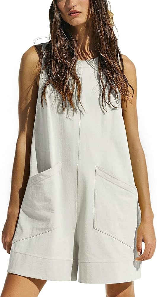 Women's Summer Rompers Loose Overalls Casual Sleeveless Short Jumpsuits with Pockets | Amazon (US)