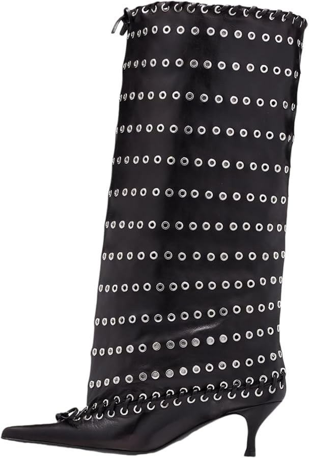 keleimusi Laced Bow Tie Embellishment Knee High Boots for Women Black Fold Over Boots with Silver... | Amazon (US)