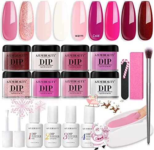 AZUREBEAUTY 18Pcs Dip Powder Nail Kit Starter Pink Christmas Dark Red Glitter Milky White with Na... | Amazon (US)