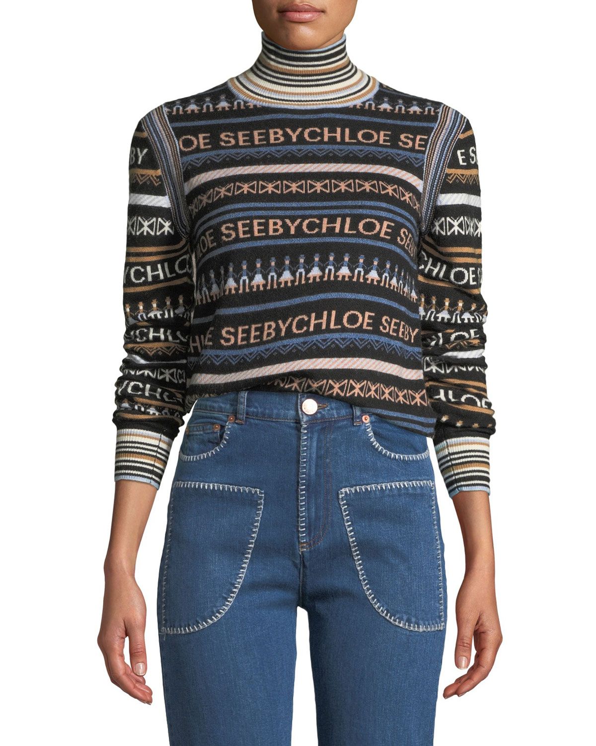 Striped Logo Turtleneck Pullover Sweater | Neiman Marcus